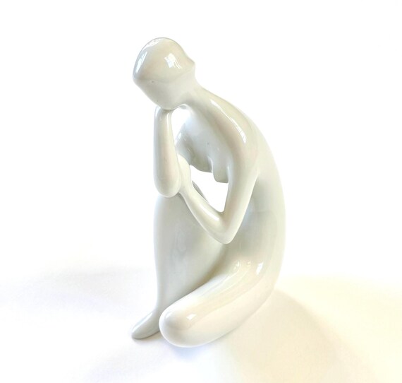White Porcelain Female Nude Sculpture Figure Sitting Seated Woman Vintage Mid Century 60s Royal Dux Minimalist Sculptural Art Object