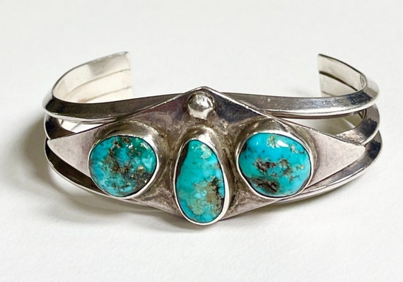 Heavy Vintage Turquoise Bracelet Cuff Vintage 60s 70s Native American Navajo Hefty Sterling Silver Band Three Multi Turquoise