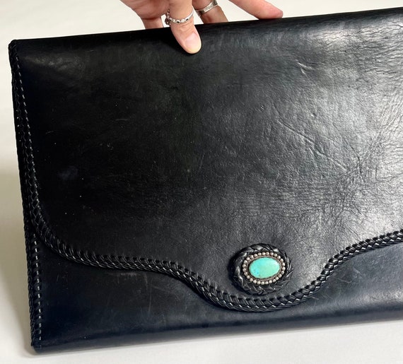 Handmade Leather Laptop Bag Case Sleeve Clutch Vintage Oiled Black Leather Southwest Natural Turquoise Cabochon Detail Western Southwest