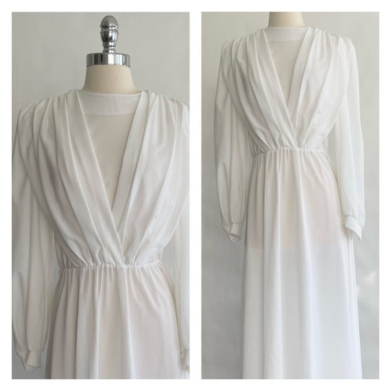 White Polyester Maxi Dress Vintage 70s Romantic B… - image 1