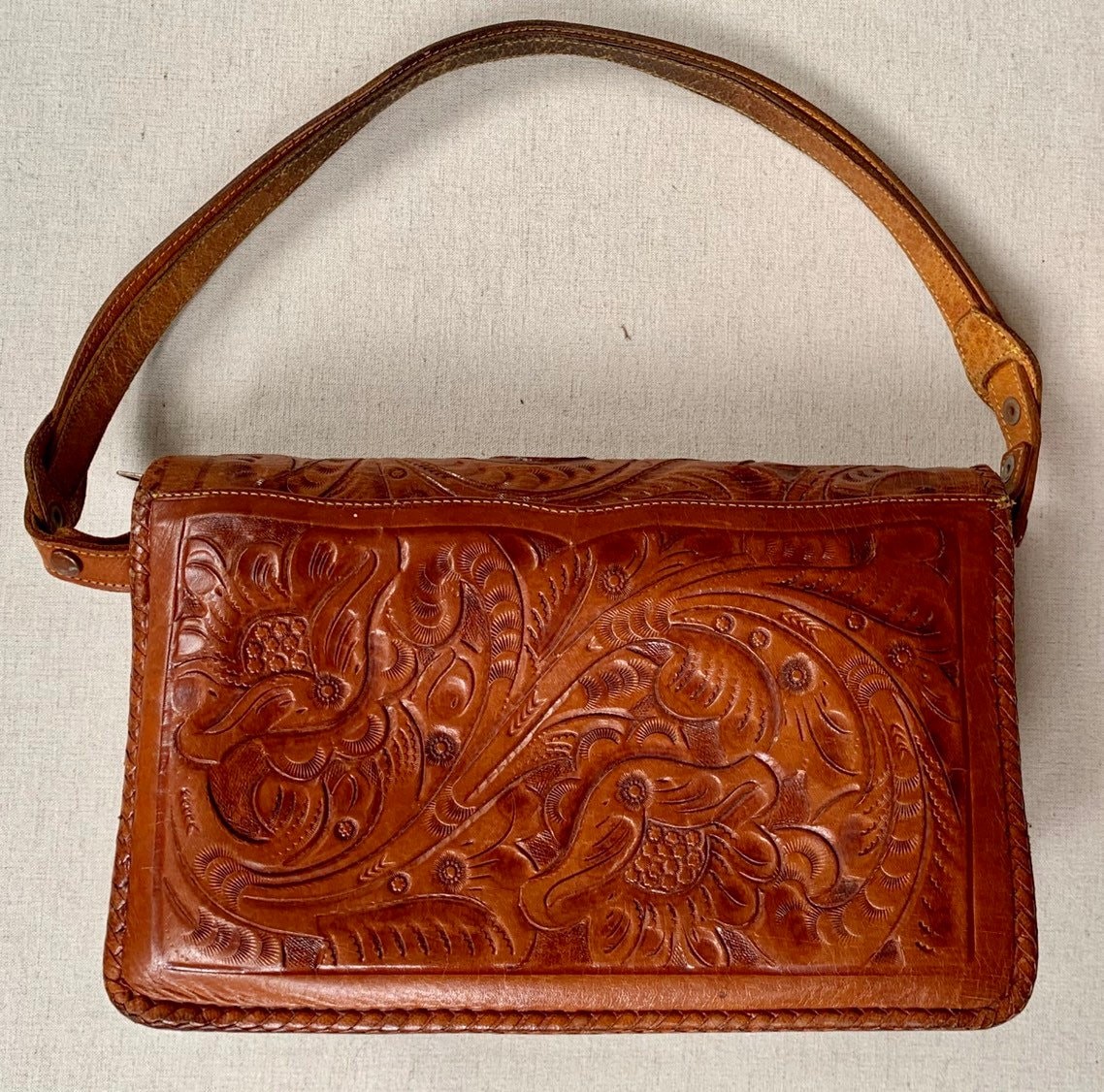 Tooled Leather Purse Handbag Vintage 60s 70s Dark Brown Hand Tooled