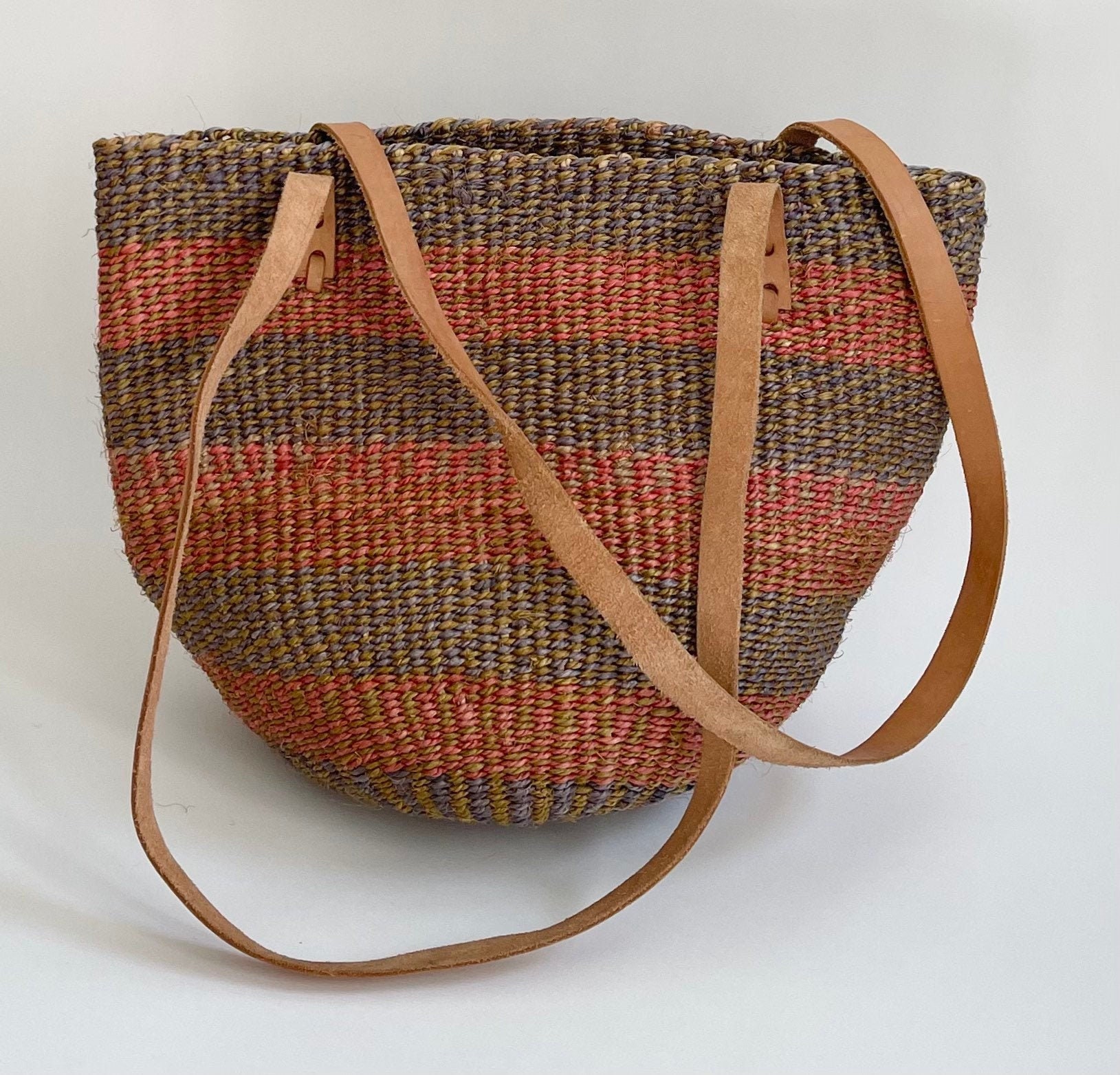 African Sisal Market Bag Purse Made in Kenya Leather Straps Faded ...