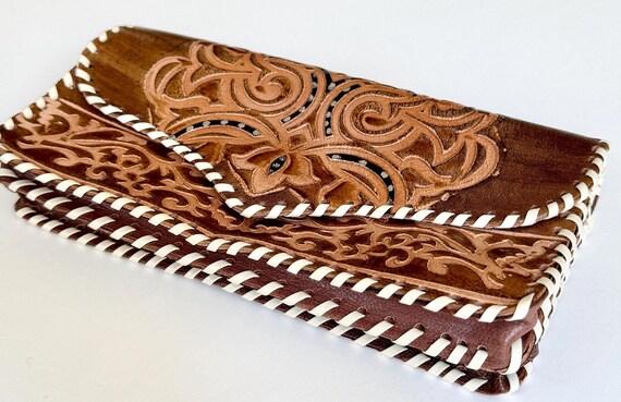 Tooled Leather Clutch Bag Wallet Handmade Vintage 70s Divided Pouch Western Stitched Edges Botanical Floral Tooling