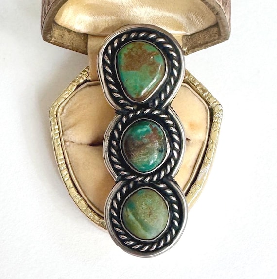 Oversized Navajo Turquoise Ring Long 2.25" Face Multi Three Stone Vintage 70s Native American Sterling Silver Knuckle Ring Elongated Size 7