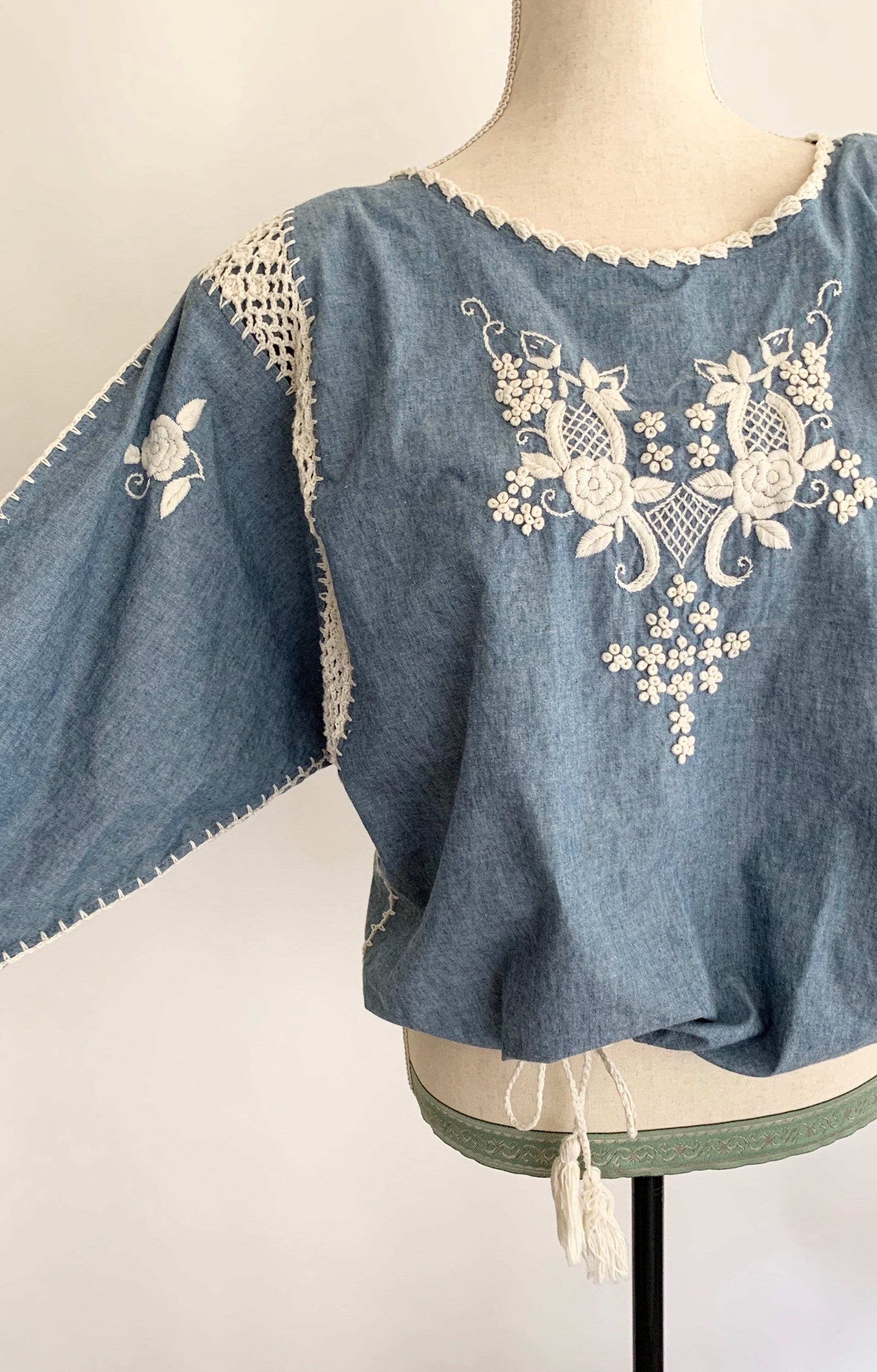 Embroidered Chambray Peasant Top Cotton Folk Crochet Details Flowers ...