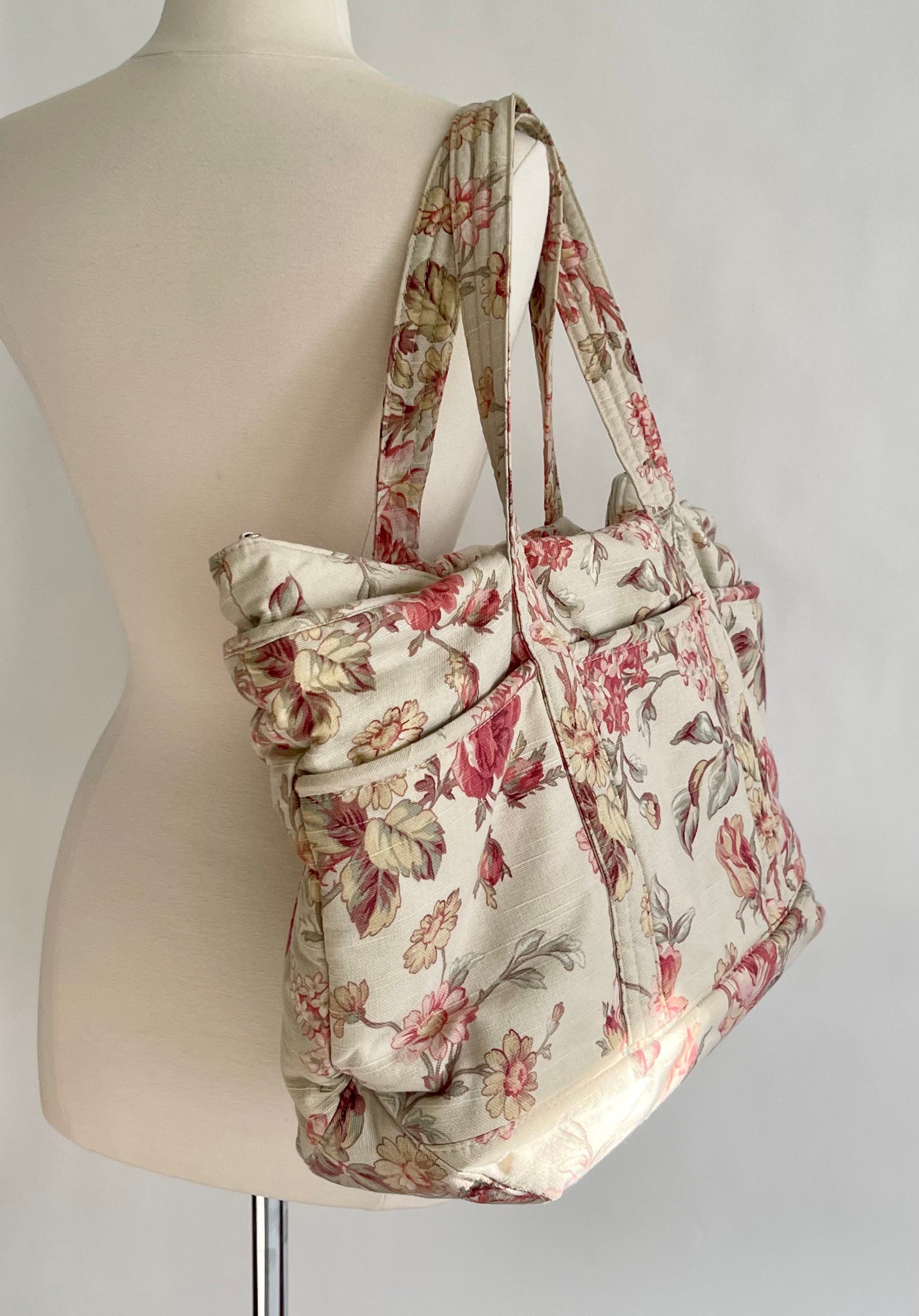 Ralph Lauren Floral Tote Bag Natural White Cotton Pink Green
