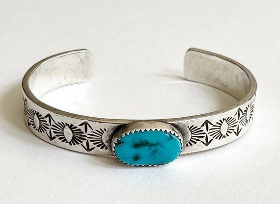 Solidly Crafted Turquoise Cuff Bracelet Vintage Signed LAG ZUNI Native American Jewelry Hand Stamped Solid Sterling Silver Band