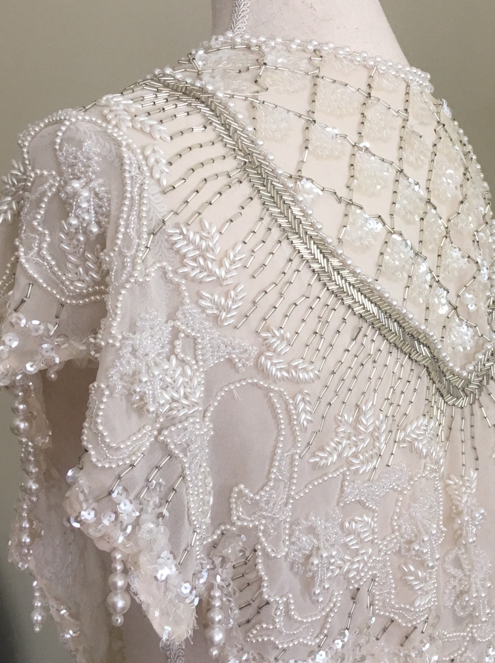 Ivory Bridal Wedding Shawl Wrap Vintage White Cream Sheer Fabric Beaded ...