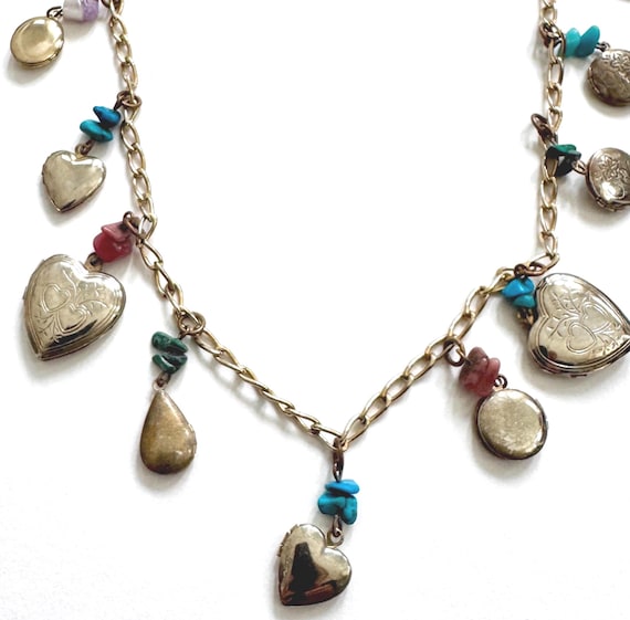 Vintage Locket Necklace Heart Shaped Locket Charms 33.5"