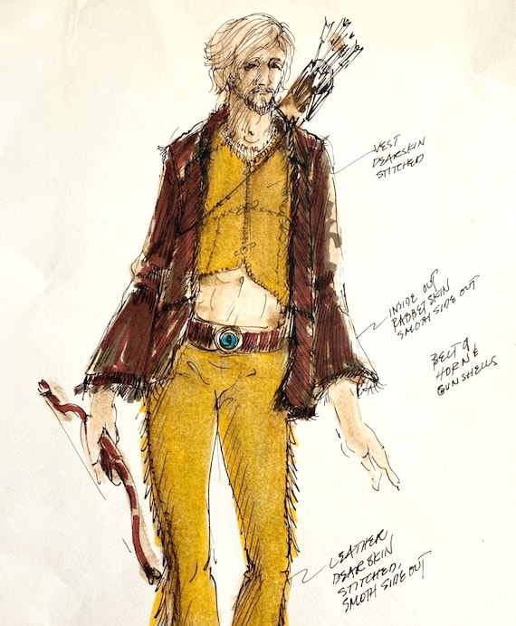 Vintage 70s Signed Fashion Sketch Drawing Boho Hippie Original Art