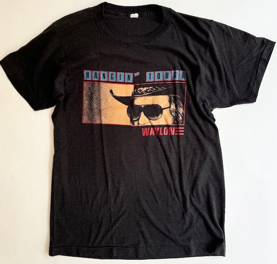 80s Waylon Jennings Tshirt True Vintage 1987 Hanging Tough Rock and Roll Country Tour Band Graphic Tshirt Tee Soft and Worn Black