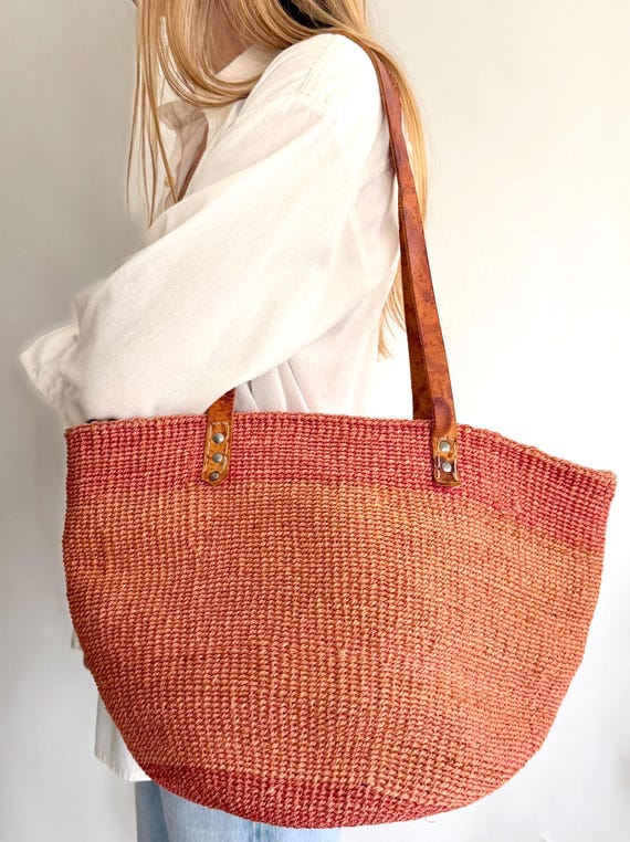 Vintage Woven Sisal Bag Market Tote Leather Straps