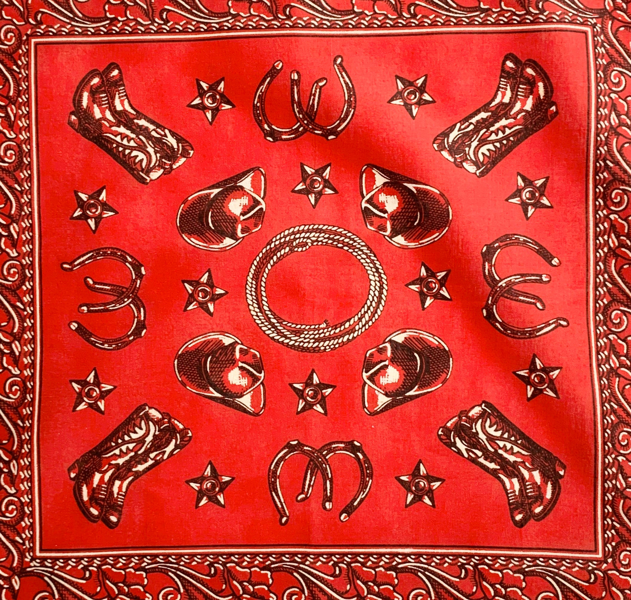 Rare Red Bandana Cowboy Western Boot Rope Ranch Horseshoe Print ...