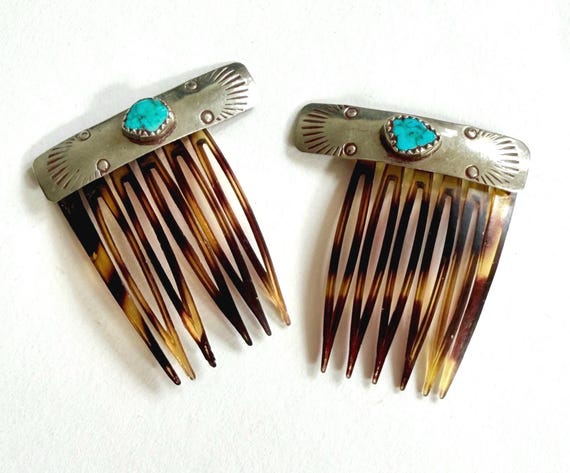 Sterling Silver Turquoise Hair Combs Vintage Native American Navajo Hair Accessories Barrette Hair Clip