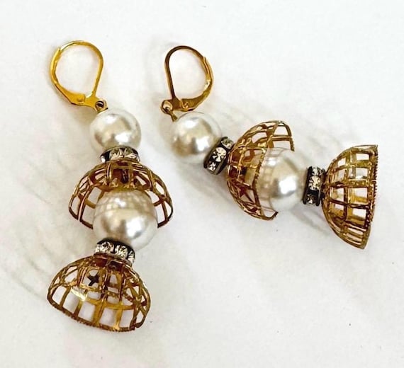 Vintage Gold Cage Earrings 2.25" Dangle Drop Style Faux Pearl Beads Clear Diamanté Crystal Costume Jewelry