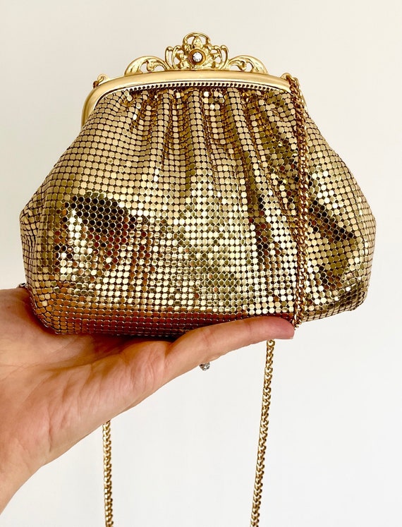 60s Gold Metal Mesh Bag Vintage Whiting and Davis Metallic Gold Chain Mail Purse Chain Strap Made in USA Evening Bag Handbag