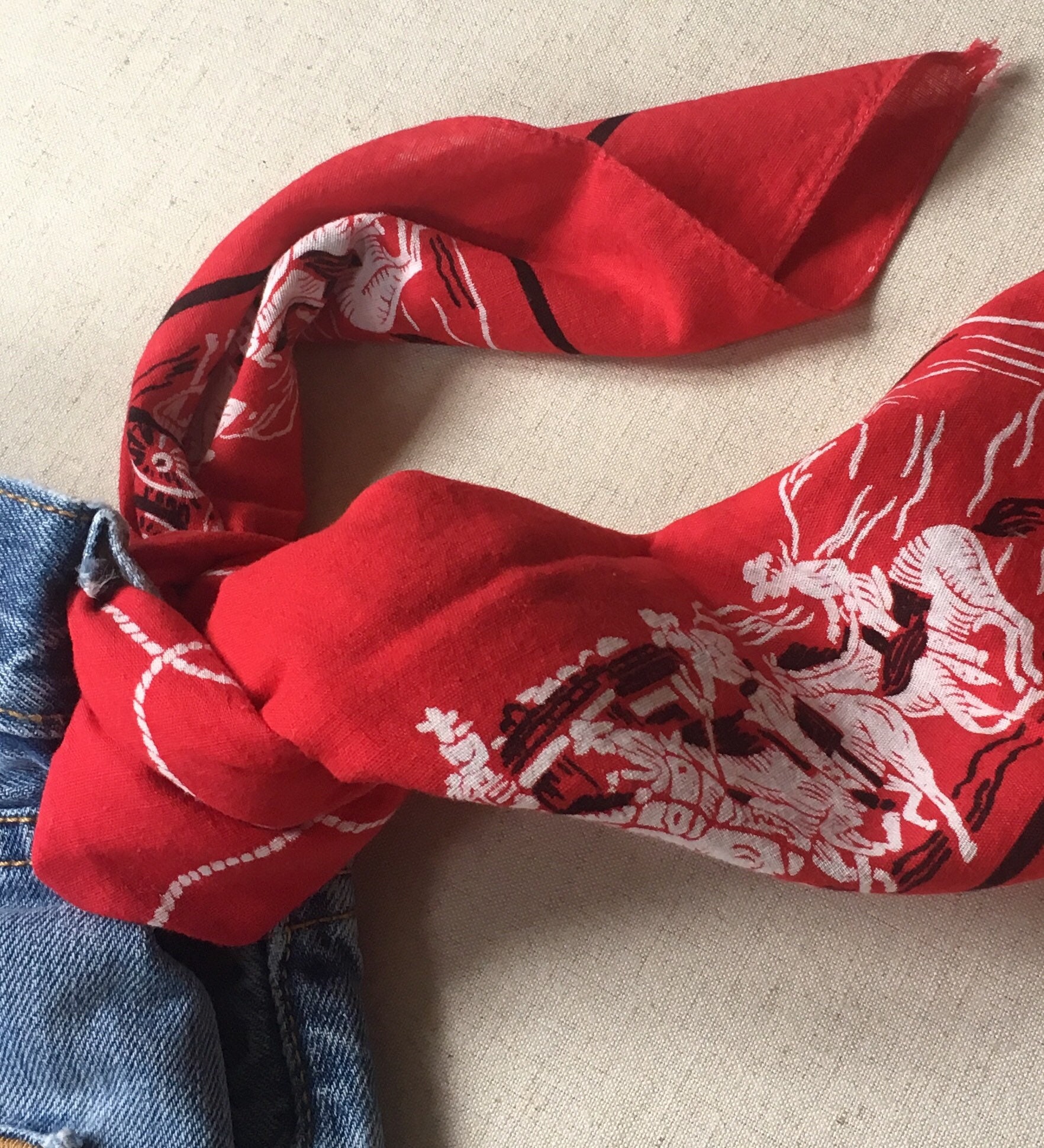 60s Red Cowboy Bandana Rodeo Lasso Rope Print Rare White and Black RN 14193