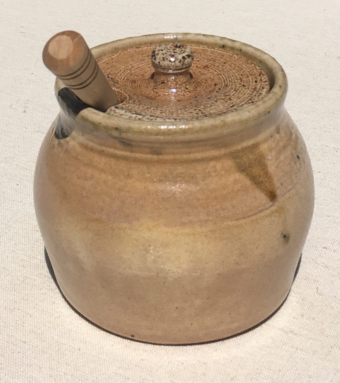 Honey Pot Jar Pottery with Wood Dipper Stamped Signed M Vintage Studio