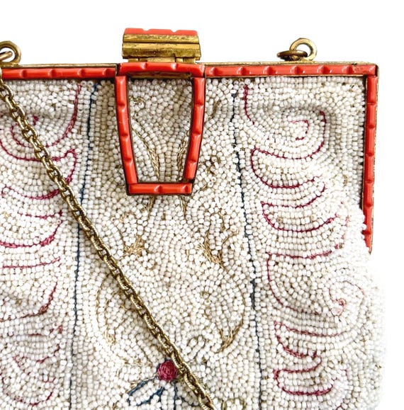 Victorian Glass Bead Purse Carved Coral Antique Small Beaded Bag Wristlet Brass Chain Strap Interior Mirror Calling Card Wedding Bridal