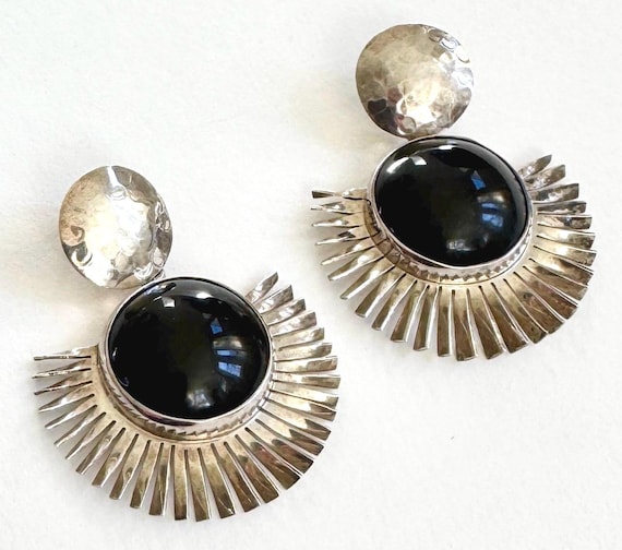 Taxco Sterling Silver and Black Onyx Dangle Earrings Round Semi Circle