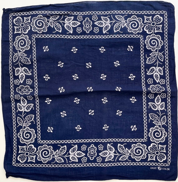 Trunk Up Bandana Indigo Blue White Print Vintage 50s Fast Color Floral Print Lightweight Soft All Cotton Floral Paisley Print Navy Blue