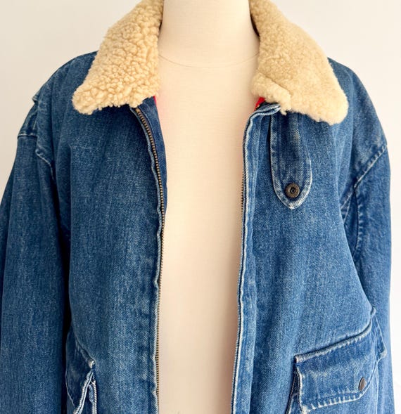 Vintage Polo Ralph Lauren Denim Bomber Jacket: Shearling Collar, Red Lining