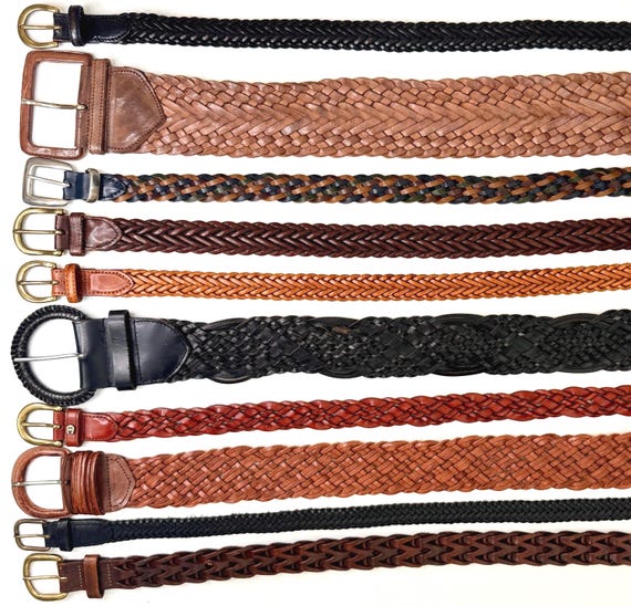 Braided Woven Leather Belt Vintage 80s 90s Minimalist Brown Black Womens Belt Wide Skinny Strap