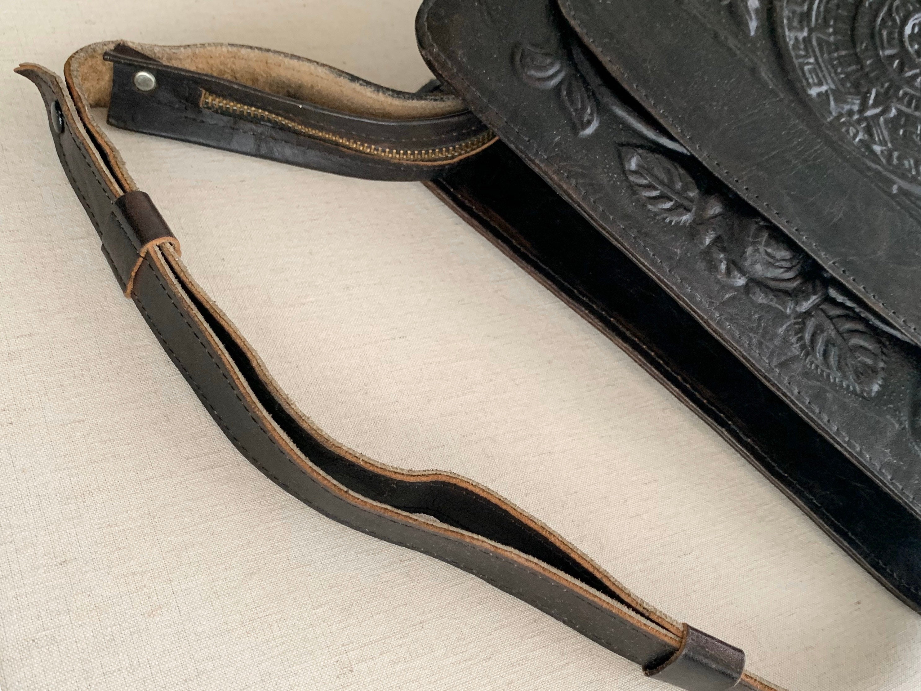 Black Tooled Leather Purse Handbag Vintage 60s 70s Hand Tooled Floral Made in Mexico Mexican