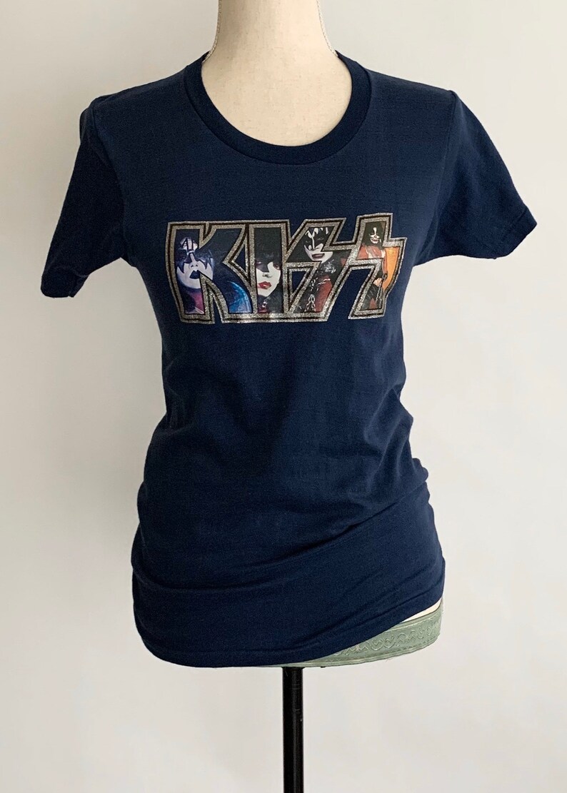Vintage KISS T Shirt 70s Glitter Iron On Transfer Soft 50 50 Poly Cotton Rare Graphic Tee Dark Midnight Blue Made in USA Size XS S
