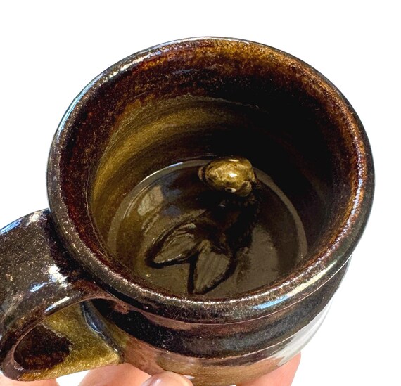 Studio Pottery Fish Mug Coffee Cup Vintage Signed Studio Ceramics Dark Brown Glazed 3D Fish Sculpture