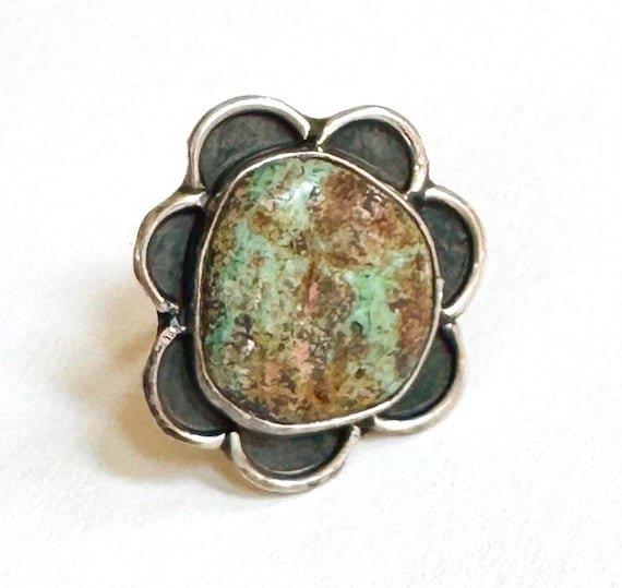 Large Navajo Turquoise Ring Vintage 50's Signed Native American Handmade Sterling Silver Flower Floral Western Southwest Ring Size 8.25