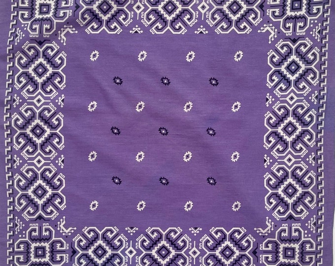 60s Purple Cotton Bandana Vintage Fast Color Soft Faded Patina Purple Black White Geometric Print