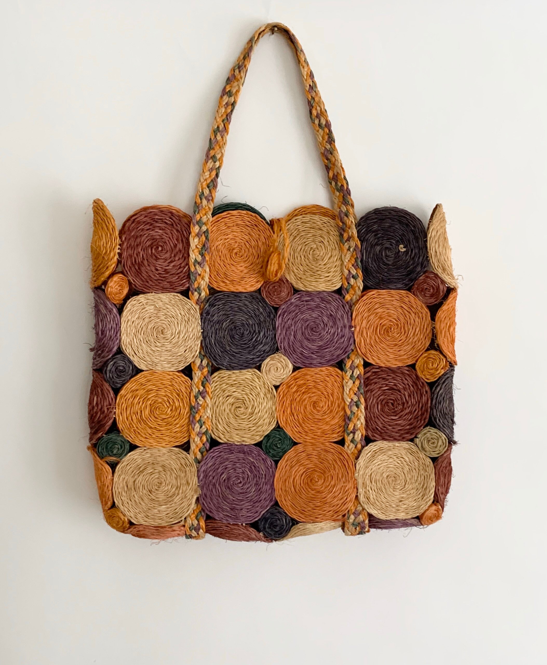 70s Open Weave Straw Tote Bag Purse Top Handles Vintage Open Weave