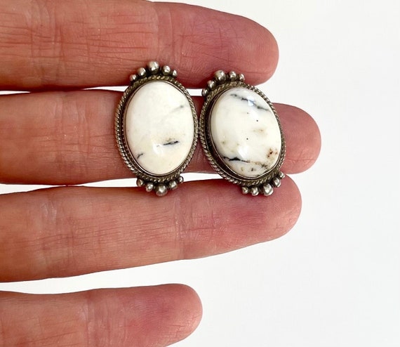 Navajo Buffalo Turquoise Earrings Studs Stud Earrings Vintage Native American Artist Signed JF Oval White Turquoise Sterling Silver