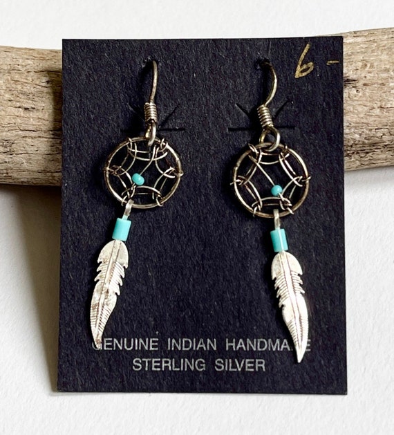 Native American Dreamcatcher Earrings Delicate Vintage 80s Southwest Trading Post Sterling Silver Dangle Earrings Turquoise Bead Accents