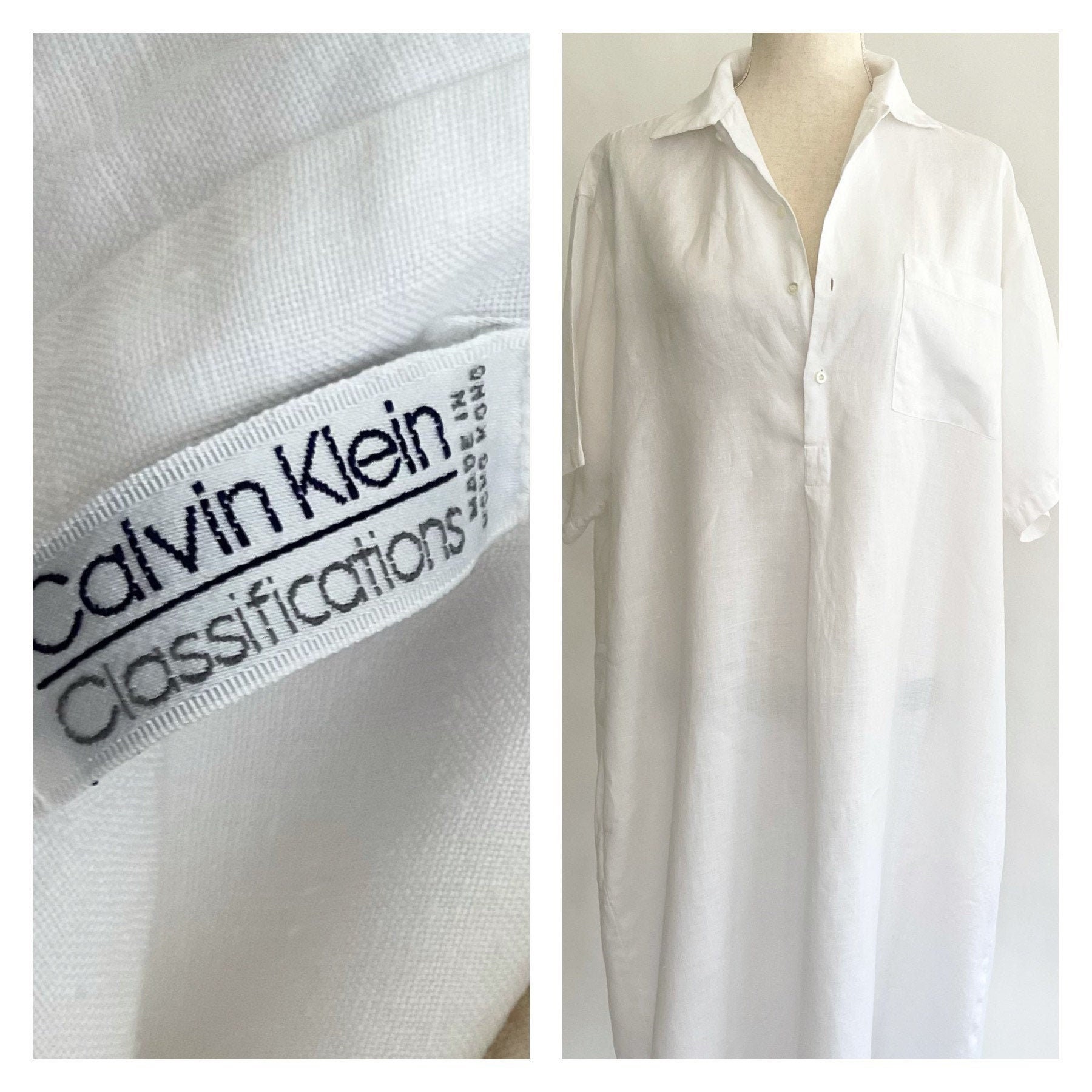 80s Calvin Klein Dress White Linen Cotton Shirt Dress Vintage