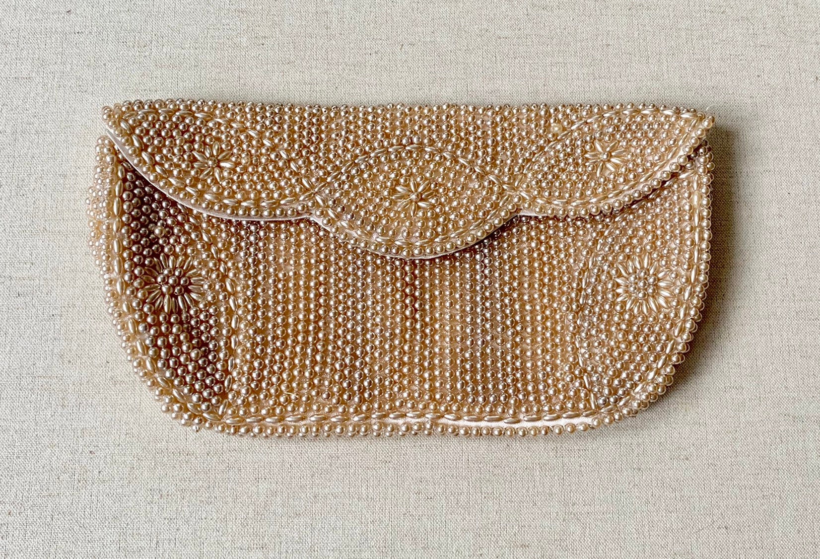 Champagne Pearl Beaded Clutch Purse Made in Japan Exclusively for