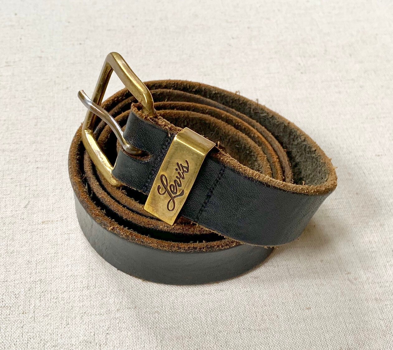 70s Levi's Leather Belt Solid Brass Buckle and Hardware Distressed