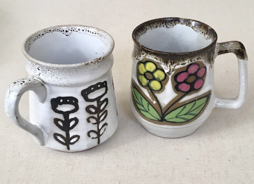 Mid Century Floral Mugs Set of Two Vintage MCM Made in Japan Ceramic
