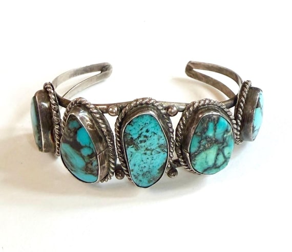 Vintage Navajo Five Stone Turquoise Cuff Bracelet 60s 70s Native American Sterling Silver