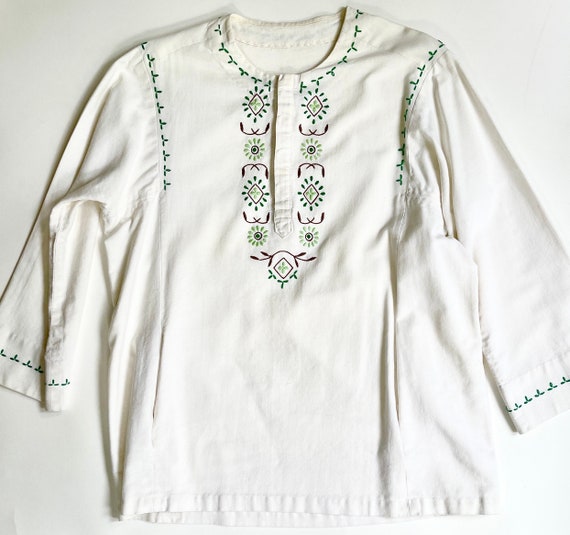 Embroidered White Cotton Tunic Top Peasant Folk Handmade Vintage 60s 70s Flower Embroidery S