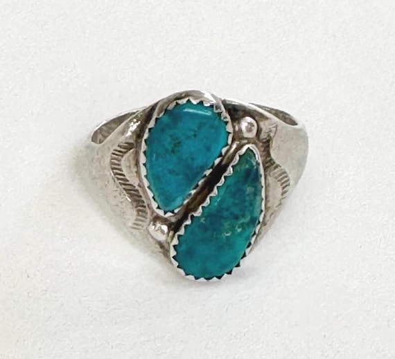 50s Navajo Turquoise Ring Band Vintage 40s 50s Native American Sterling Silver Band Double Two Turquoise Stones Mens Biker Rings Size 11.75
