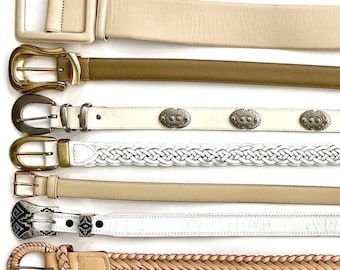Vintage White Leather Belt Minimalist Braided Concho Western Woven Styles Ivory Beige Light Tan