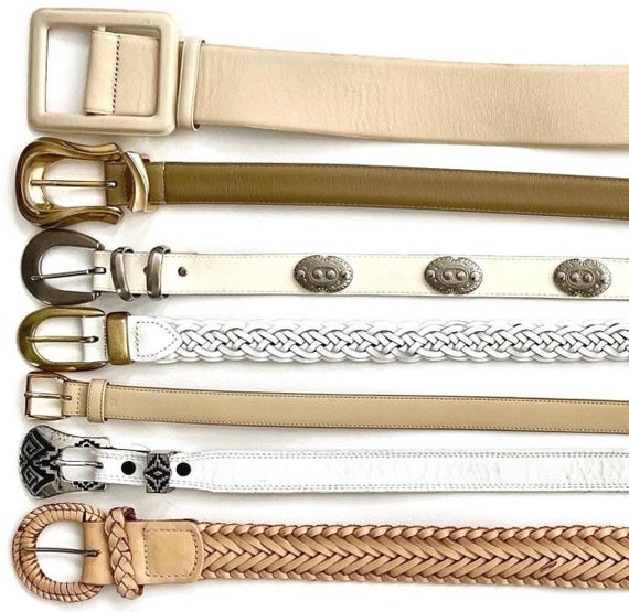 Vintage White Leather Belt Minimalist Braided Concho Western Woven Styles Ivory Beige Light Tan