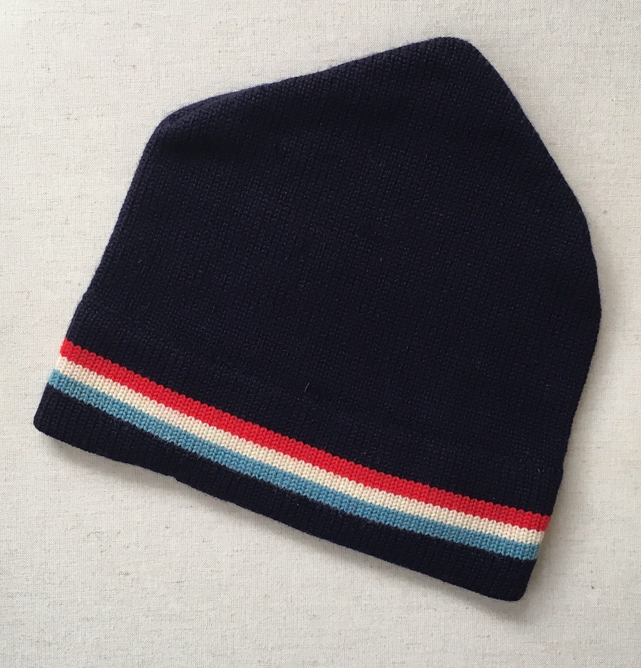 70s Wool Ski Hat Vintage Navy Blue Red White Knit Beanie Skull Cap