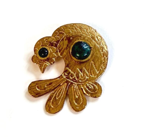 Mid Century Vintage Gold Bird Brooch Pin Green Stone Accent