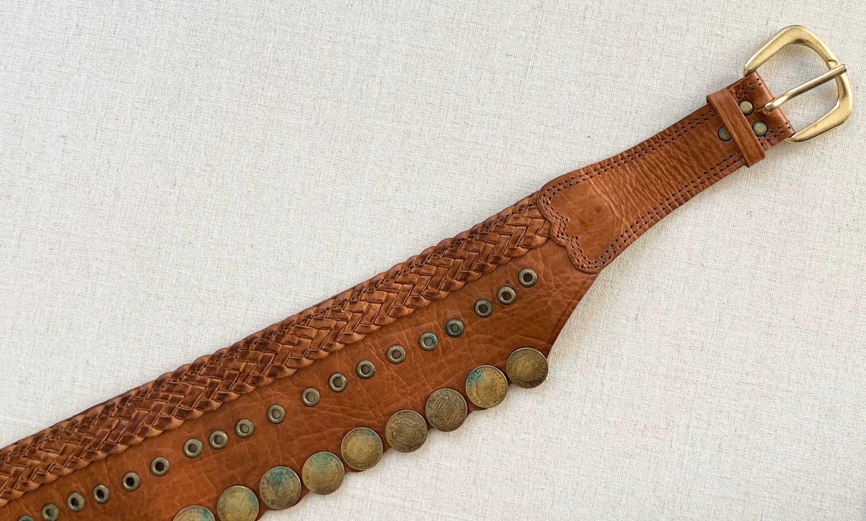 Wide Studded Coin Belt Vintage 70s Distressed Brown Leather Brass Studs