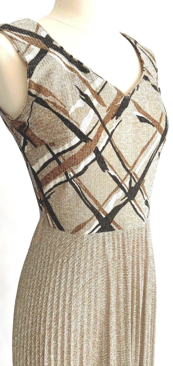 60s 70s Lamé Dress Metallic Gold Silver Bronze Sleeveless Floor Length Maxi with Matching Jacket Leslie Fay