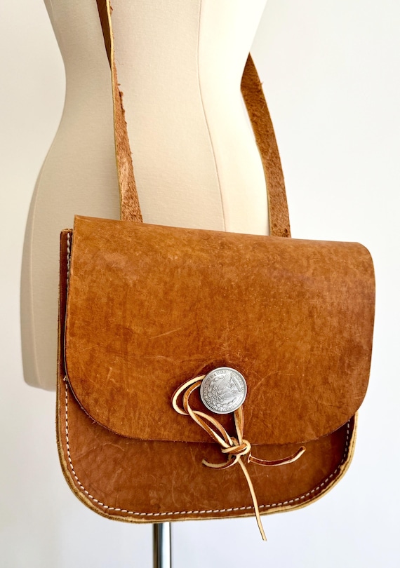 Western Handmade Leather Bag Crossbody Vintage Sturdy Tan Brown Leather Dark Faux Silver Dollar Coin Button Excellent Condition