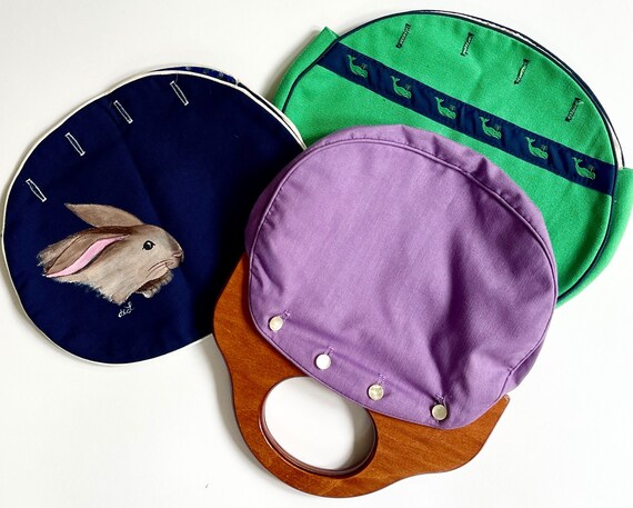 70s Interchangeable Purse Bag Preppy Vintage Banner House Wooden Handle Button Bermuda Style Green Whale Hand Painted Bunny Navy Blue Purple